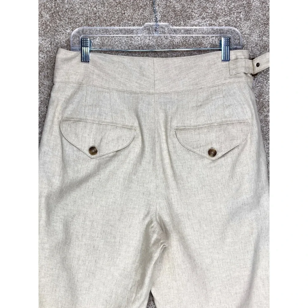 Banana Republic Linen Herringbone Pleated Pants Women 8 Beige Buckle Office Chic